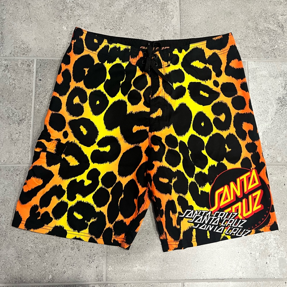Santa Cruz Skateboards Men's Orange Yellow Black Leopard Print Board Shorts
